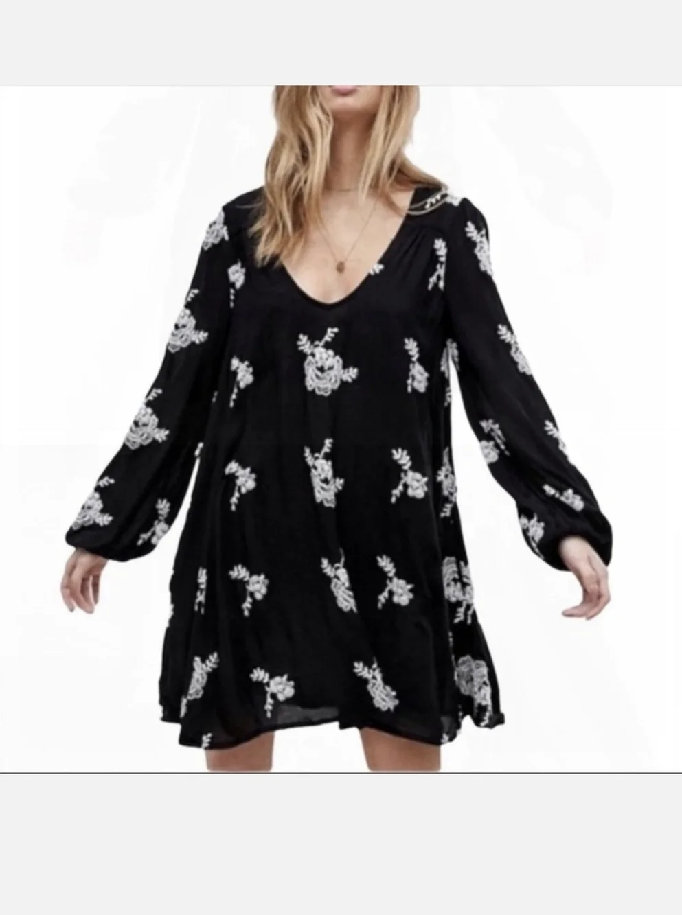 Free People,Black Floral Embroidered Shift Dress, Size S